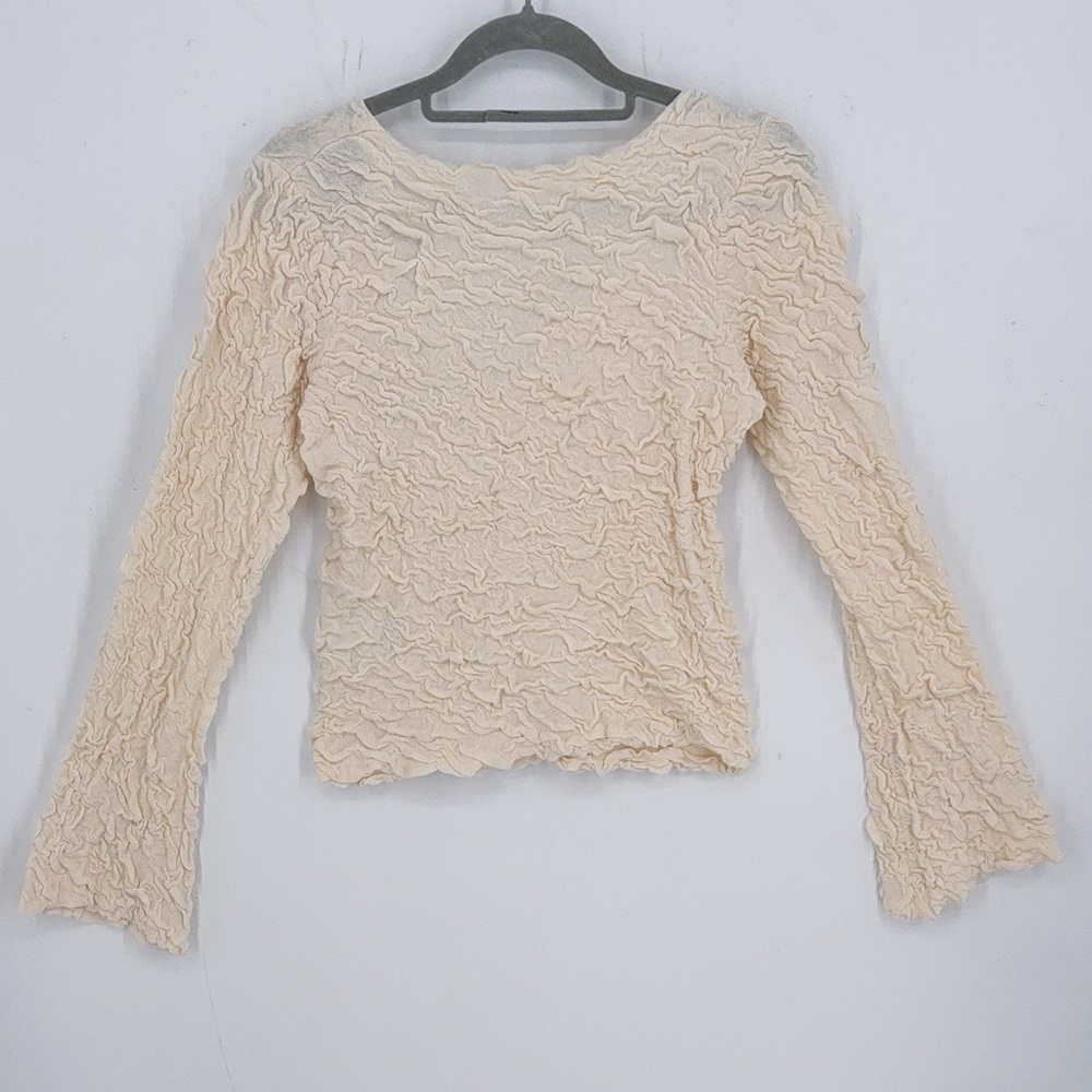 NWT AWARE stretchy jacquard knit bell sleeve wrap detail top in cream BOHO L - Picture 7 of 10